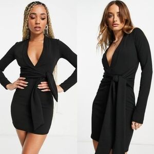 ASOS DESIGN Black Long Sleeve V Neck Mini Dress with Tie Belt in